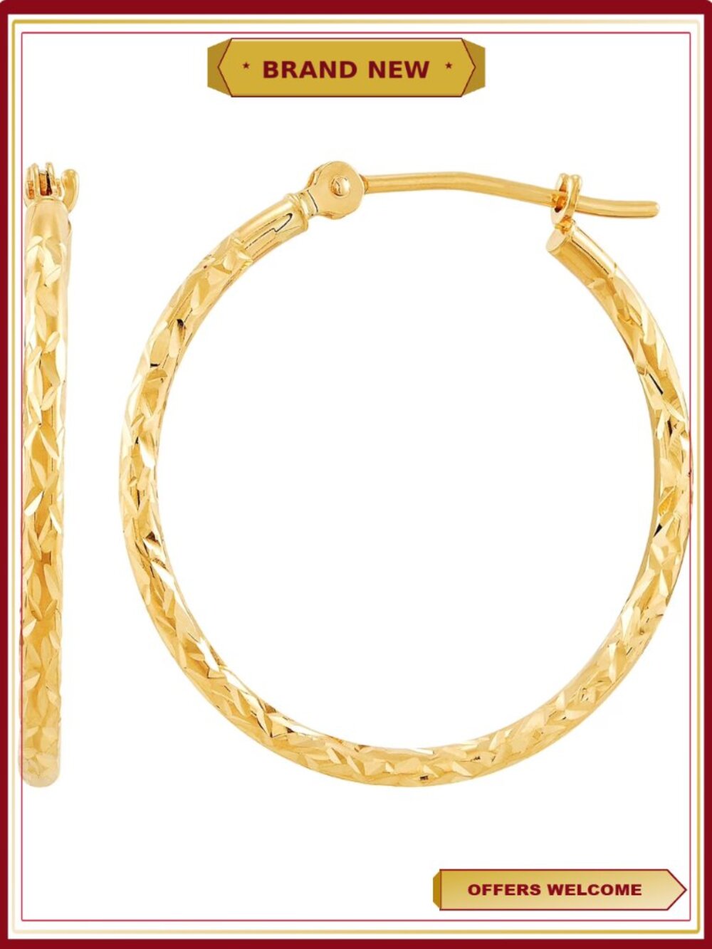 10K Yellow Gold Diamond-Cut Hoop Earrings - Round Hinged Post